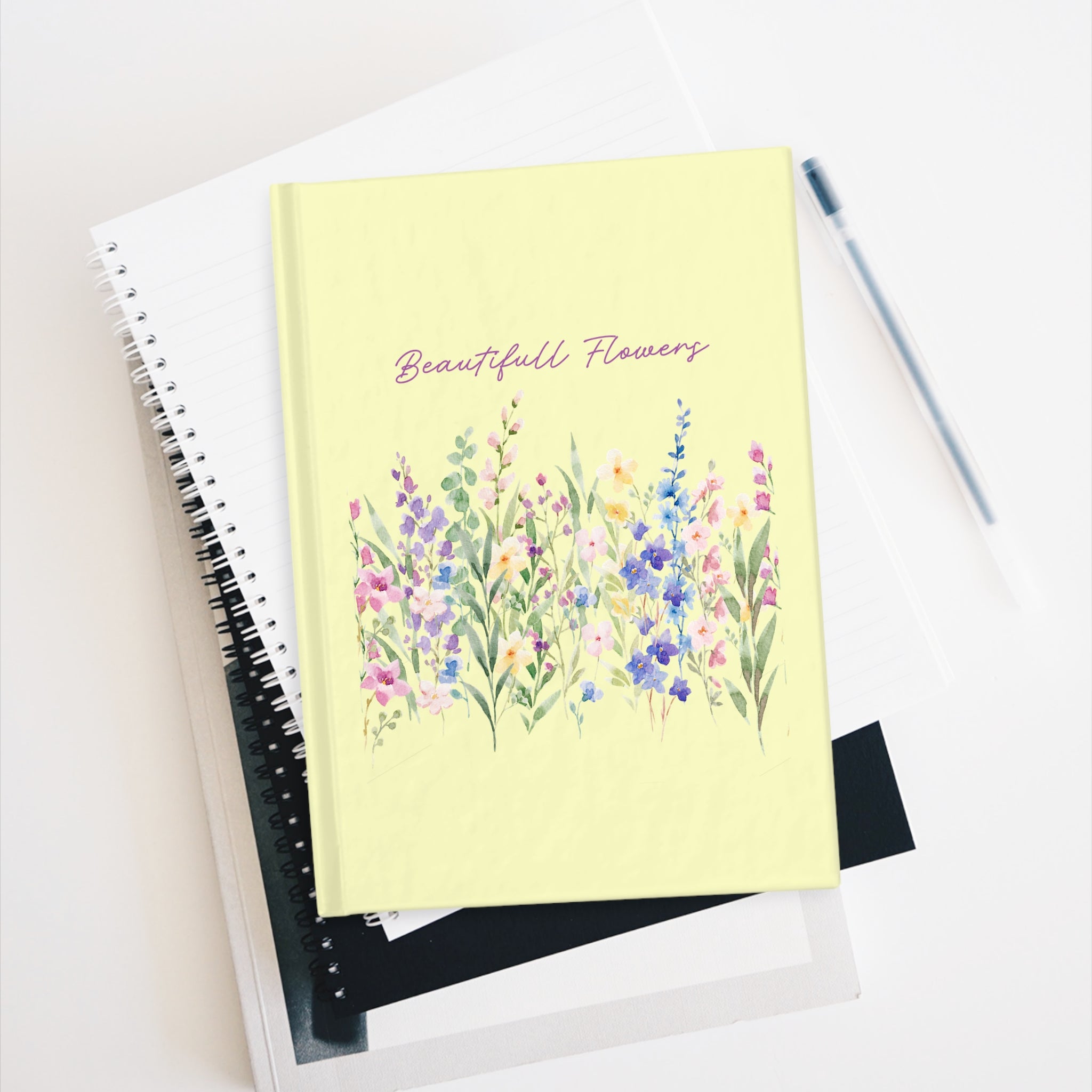 Floral Ruled Journal - "Beautiful Flowers" Pastel Yellow Notebook for Notes & Journaling