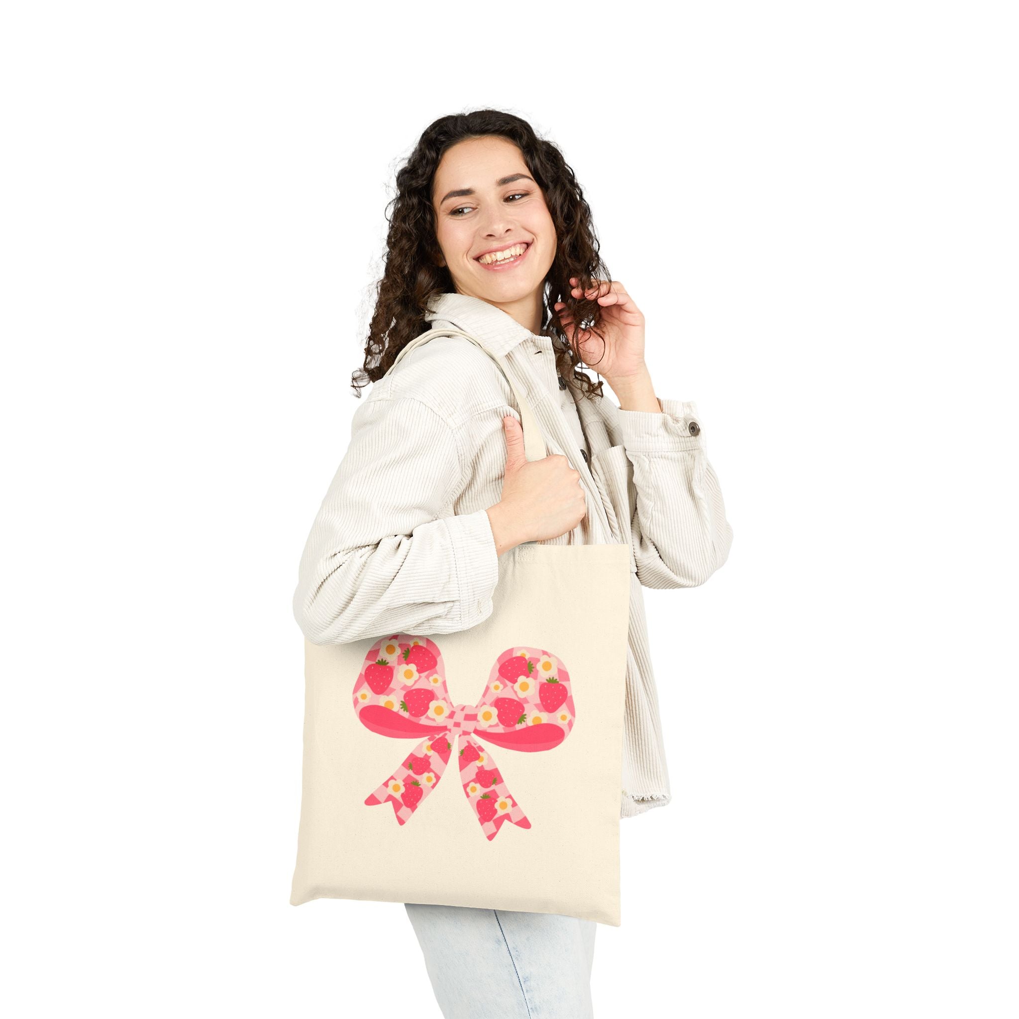 Floral Strawberry Bow Canvas Tote — Pink Flower Ribbon Strawberries
