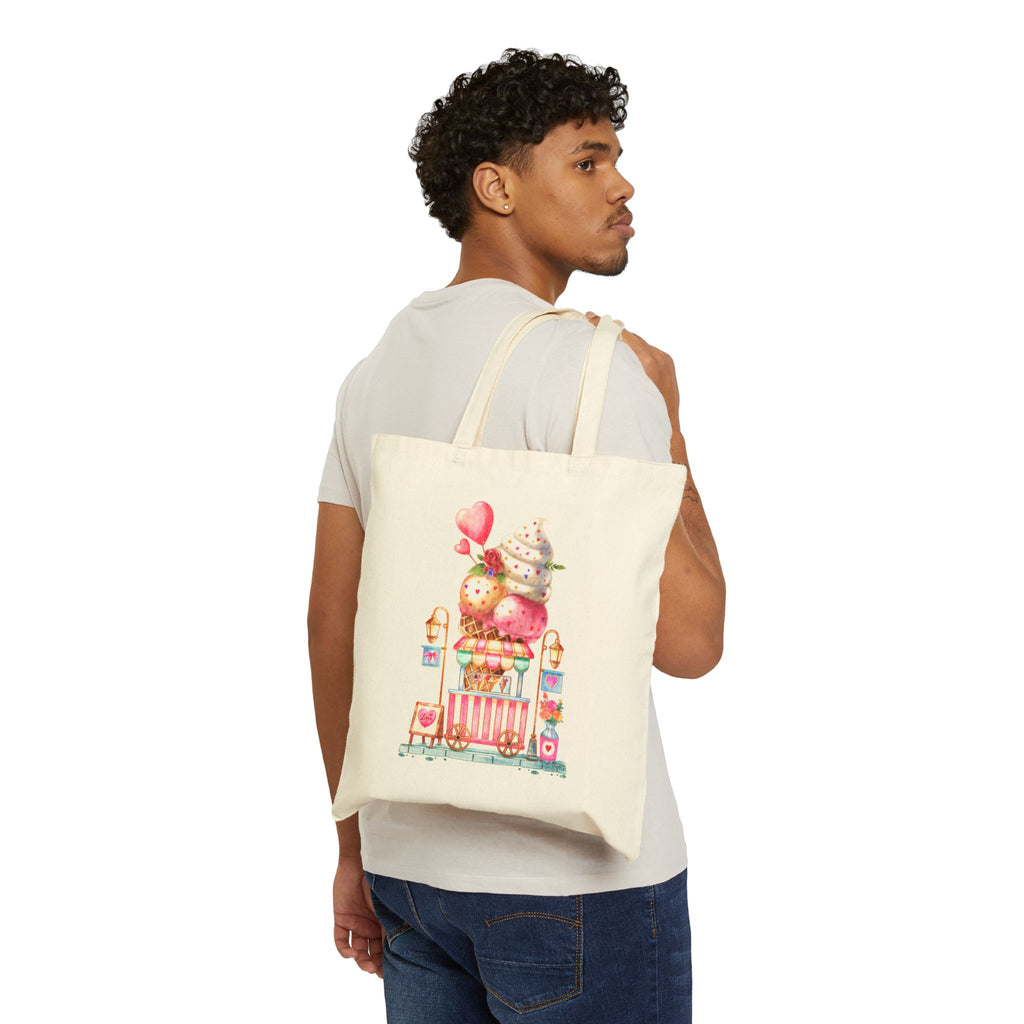 Ice Cream Cart Cotton Canvas Tote Bag — Cute Delicious Pastel Dessert Illustration