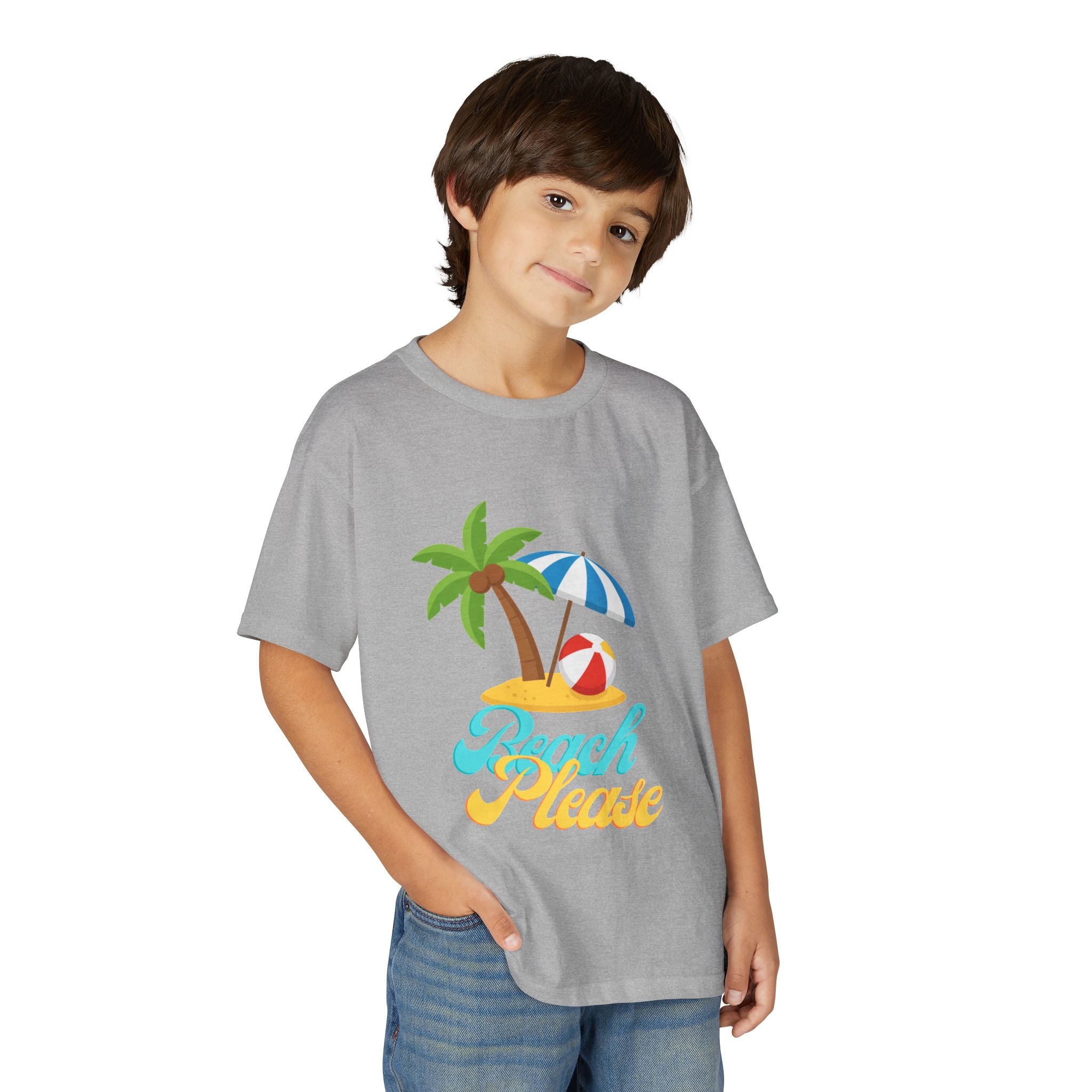Youth Beach Please T-Shirt — Kids Summer Palm Tree & Umbrella Tee