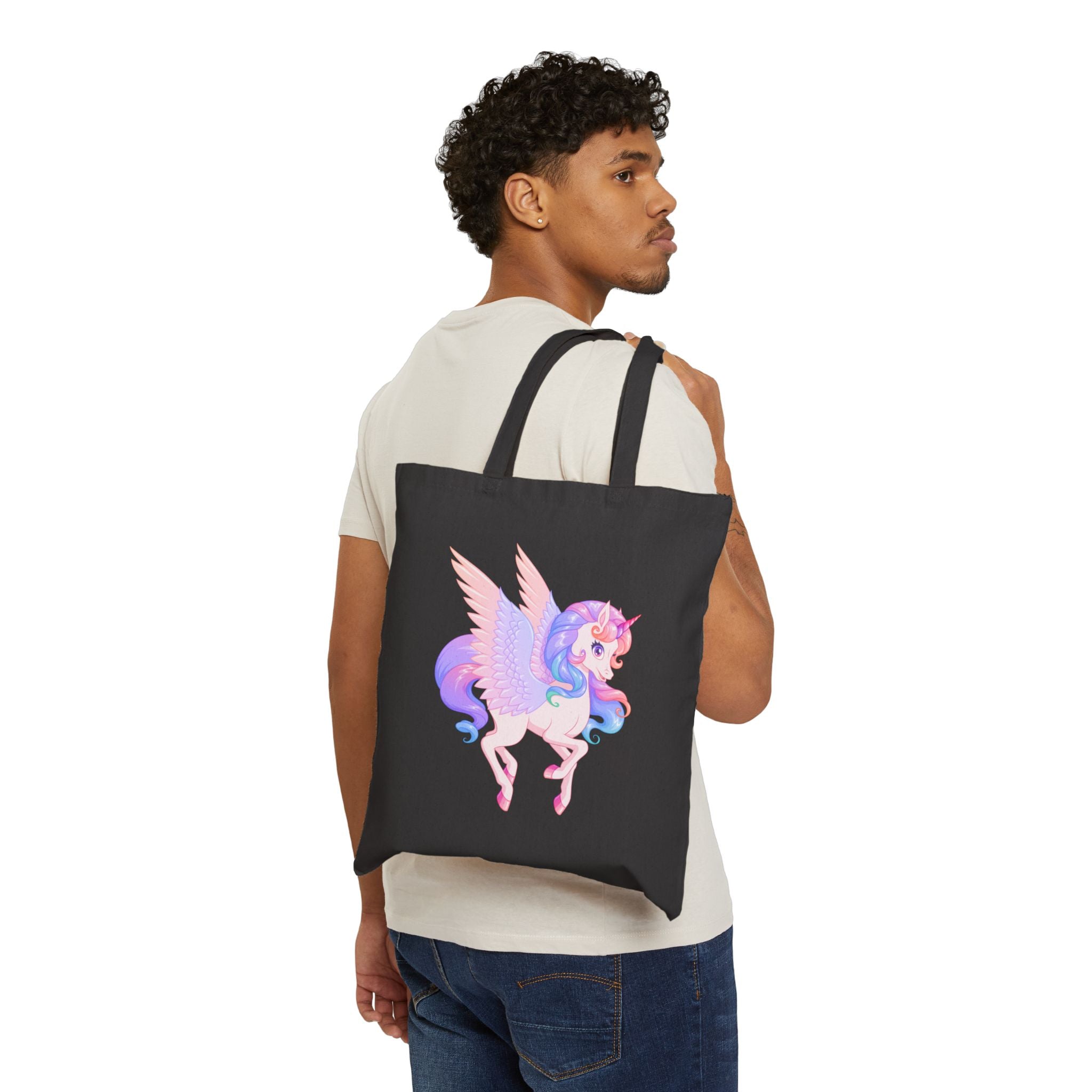 Magical Unicorn Pegasus Canvas Tote Bag — Pastel Rainbow Winged Horse Cotton Shopper