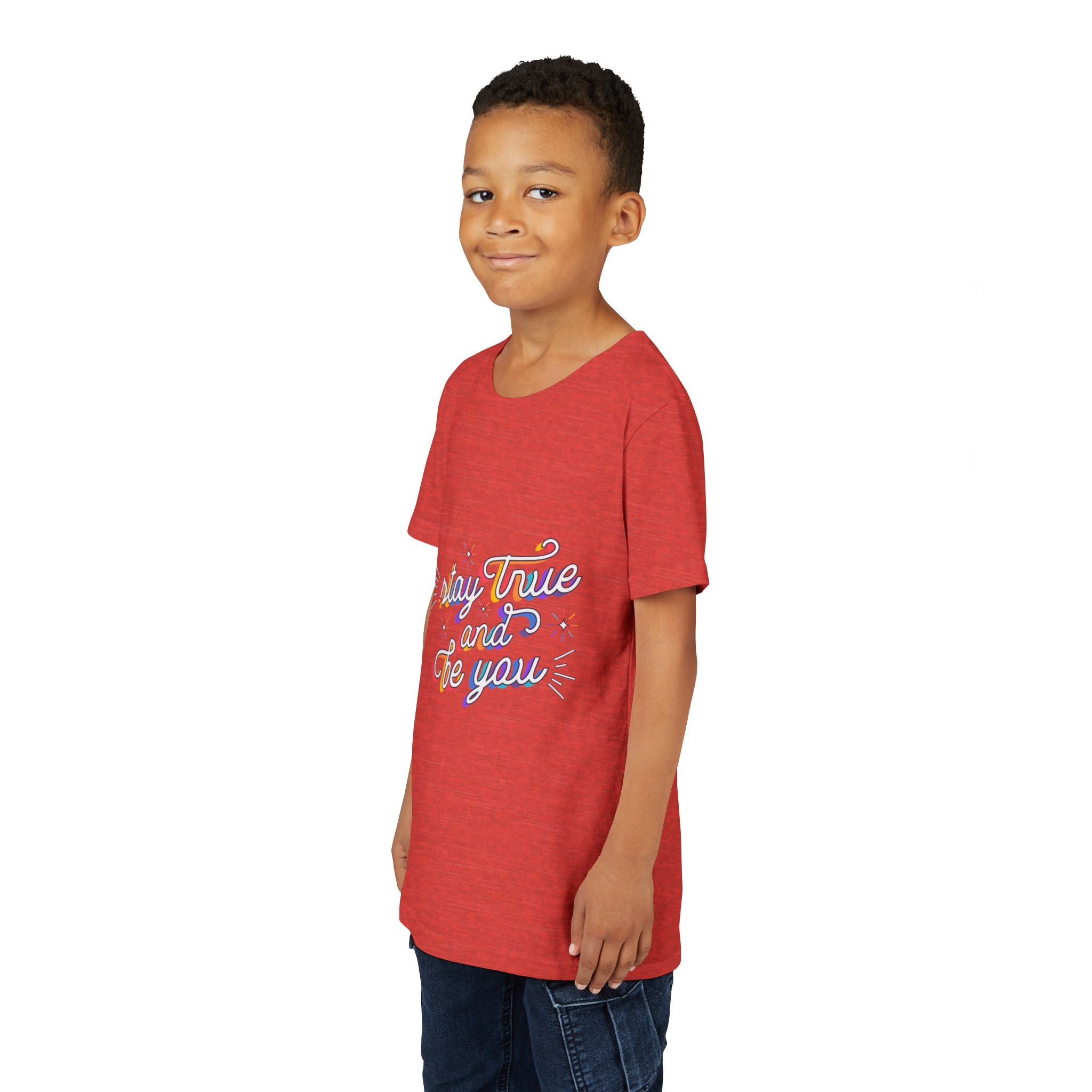 Youth Tee — "Stay True and Be You" Rainbow Script Kids T-Shirt