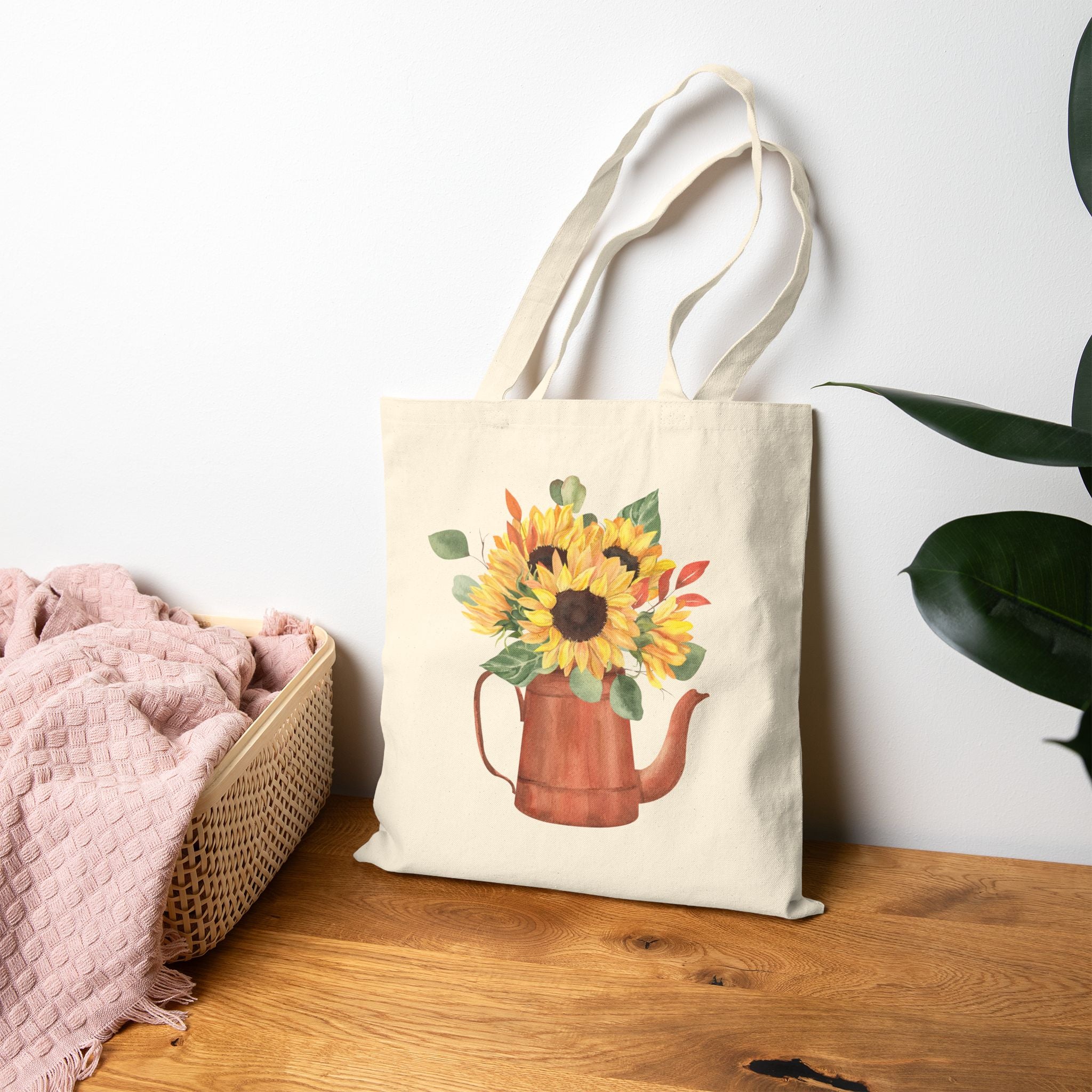 Sunflower Teapot Canvas Tote Bag — Floral Farmer's Market Grocery Tote